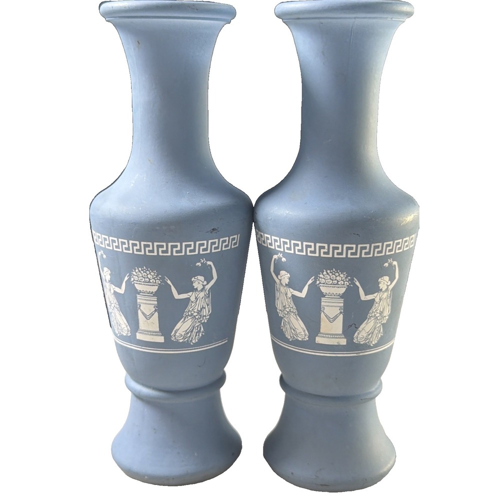 Vintage Painted Glass Blue Bud Vases Pair Greeks/Romans Dancing Wedgewood Like